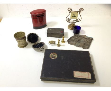 A mixed lot including a vintage Player's cigarette tin, an Edwardian metal mesh purse, a box with ladybird to lid, a card gam