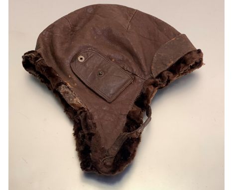 Rare WWI period A.W. Gamage Ltd. Holburn leather flying helmet with fur trim, label to interior (losses)