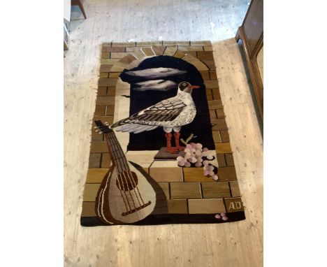 A 20th century tapestry wall hanging depicting bird in window with grapes and lute, initialled AD to bottom, 130cm x 200cm