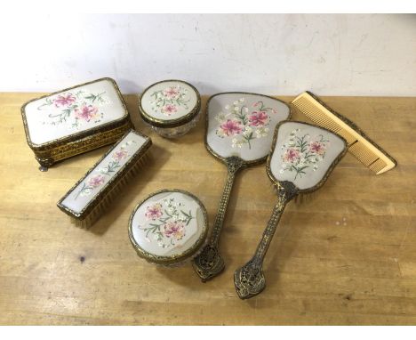 A 1950's / 60's vanity set including hand mirror (34cm) hair brush, comb, clothes brush, jewellery box, two lidded glass bowl