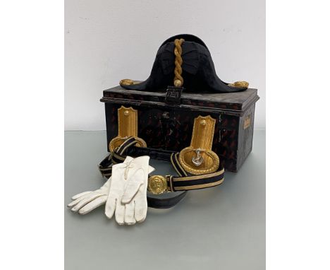Royal Navy Officer's bicorn hat, gilt epaulettes sword belt and a pair of off white kid gloves, King's crown on buckle and bu