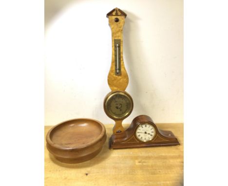 A Georgian style barometer, (51cm h) and an Edwardian style tambour clock and a wooden bowl (3)