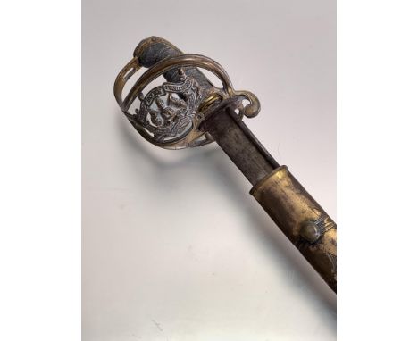 1822 pattern brass hilted Officer's sword, with Royal Scots Fusiliers cast hilt, sharkskin grip, etched Victoria black in lea