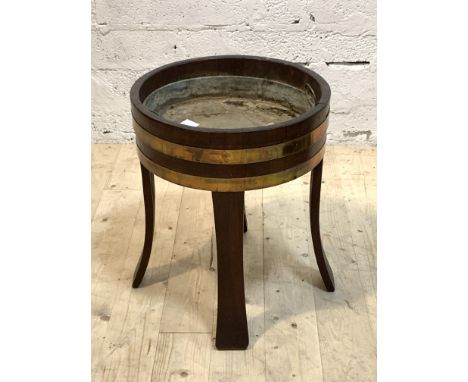 A Coopered barrel style planter with metal liner, stamped 'Tubs For Shrubs' under, H48cm, D45cm