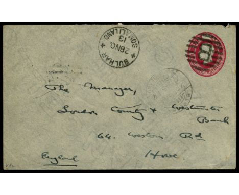 SOMALILAND PROTECT 1913 (28 Nov) KGV 1a rose/grey postal stationery envelope used from Bulhar to England, stationery 'stamp' 