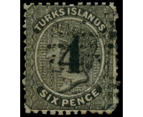 TURKS ISLANDS 1881 Setting 1, 4 on 6d black surcharge type 28 (SG 42), light bend and odd shortish perf, used by part barred 