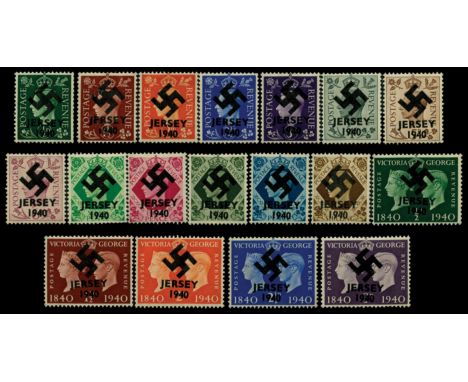  Jersey - Nazi Occupation essays: 1937-39 set of 13 KGVI dark colour definitives and the set of five 1940 Stamp Centenary iss