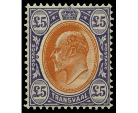 TRANSVAAL 1903 watermark crown CA £5 orange-brown and violet (SG 259), gum a little toned and some light glazing, large part 