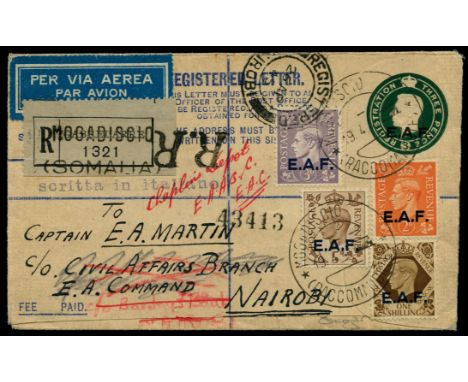 B.O.I.C. SOMALIA Postal Stationery: 1945 (19 April) 3d green 'E.A.F.' size F registered envelope with compensation details on