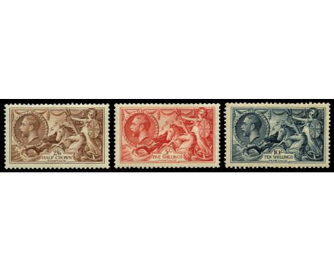 GREAT BRITAIN 1934 'Re-engraved' 2s 6d chocolate-brown to 10s indigo (SG 450/52), odd shortish perf, 10s light creasing and a