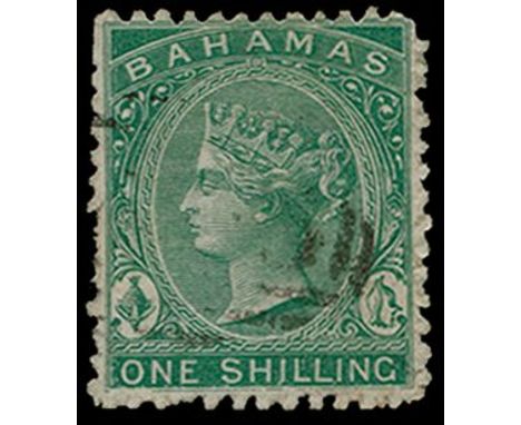 BAHAMAS 1863-80 watermark crown CC, perf 12_ 1s blue-green (SG 38), a couple of short perfs but lightly used with portrait la