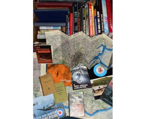 A LARGE BOX CONTAINING BOOKS RELATING TO WW1/WW2, all areas, RAF, Army Navy etc, mostly hardback, etc, some Magazines Maps, M