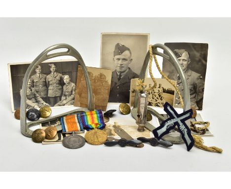 A BOX CONTAINING MEDALS PHOTOS ETC as follows, British War &amp; Victory Medals named to 189342 GNR G.T.Saunders R.A, togethe