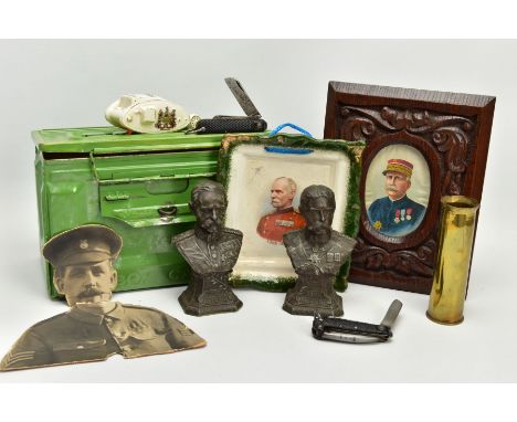 A LARGE BOX CONTAINING MILITARY ITEMS AS FOLLOWS, two Resin? Busts of Lord Roberts &amp; Lord Kitchener approximately 17cm hi