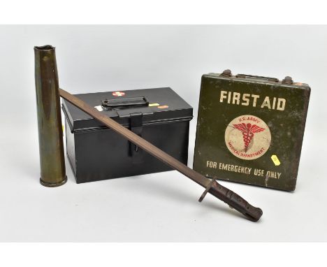 A BOX OF MILITARIA AS FOLLOWS, A 1943 dated Shell from a small field gun, marked to base, a 1917 Dated U.S. Made Rifle Bayone