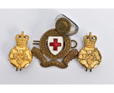TWO WRAC (Womens Royal Army Corps) gold coloured collar dog badges, British Red Cross Collar/Cap badge and a German alloy Got
