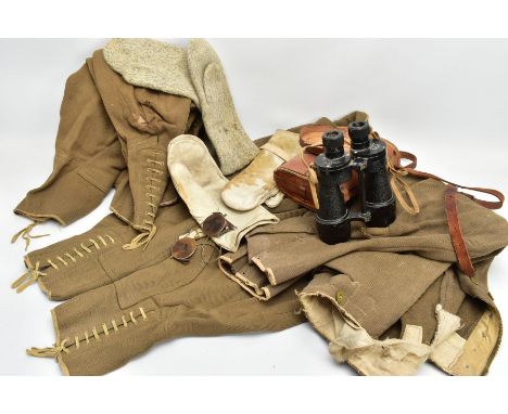 A BOX CONTAINING THREE PAIRS OF WW1 ERA ARMY OFFICER/OTHER RANKS DRESS BREECHES, poor condition, together with woollen mitten