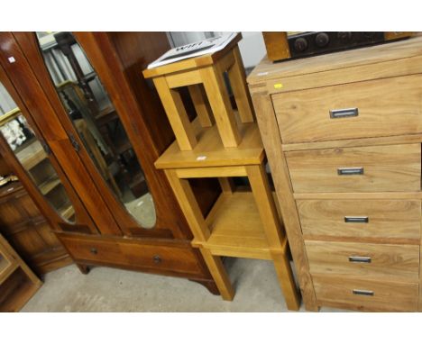 Three light oak square topped tables 