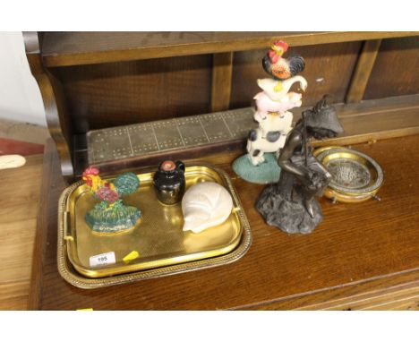 A brass mounted cribbage board; two brass trays; various ornaments etc. 