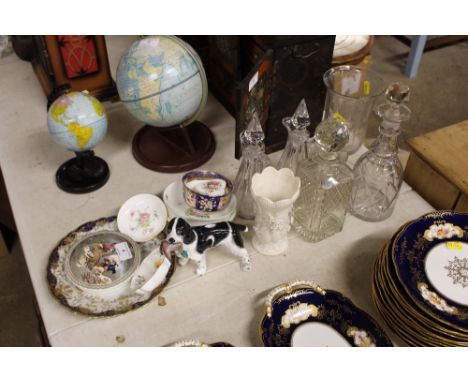 A Victorian celery glass; together with two glass decanters; a Victorian Prattware pot lid; a china ornament in the form of a