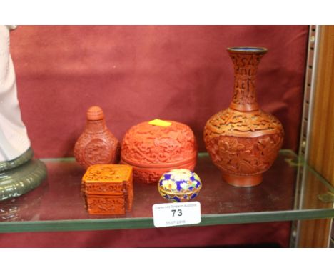 Two cinnabar style boxes and covers; together with a similar vase and scent bottle; and a small enamel pill box 