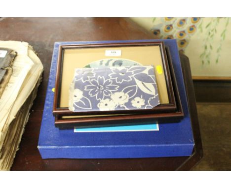 A blue framed mirror,three wool work embroideries, a needlework firescreen and a quantity of British Birds sound guide LP's 