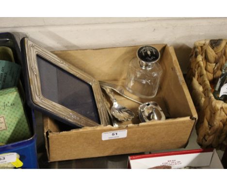 A box containing a modern silver photo frame; a Georgian silver caddy spoon; and a silver mustard