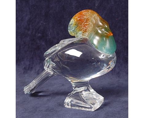 A contemporary Daum moulded clear glass and pâte de verre model of an exotic bird, perched on integral stylised base, etched 