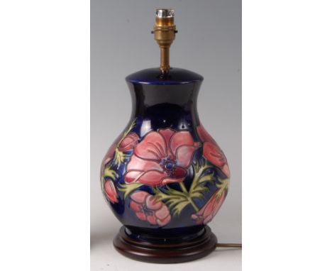 A modern Moorcroft pottery table lamp in the Anemone pattern, of lower bulbous form, underglaze painted and tube-line decorat