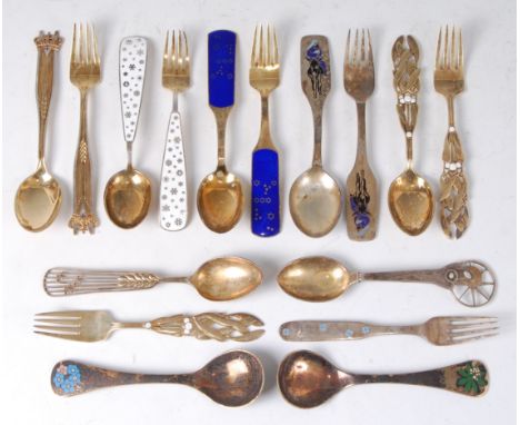 Anton Michelsen - Five pairs of various Danish silver, partially gilt and enamel decorated Christmas spoons and forks, each w