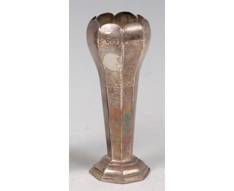 An early 20th century silver specimen vase, of shouldered octagonal form to stepped foot (loaded), maker William Hutton & Son