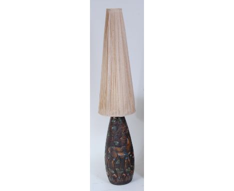 A Tilgmans of Sweden large studio pottery floor lamp, having pleated conical shade, the base part glazed with floral stylised