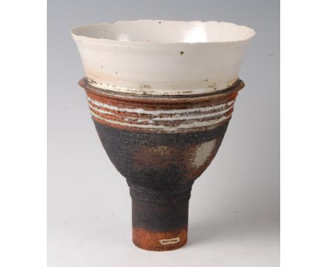 Robin Welch (b.1936) - A stoneware footed bowl, with upper lustre finish over naturalistic concentric surface, stamped Robin 