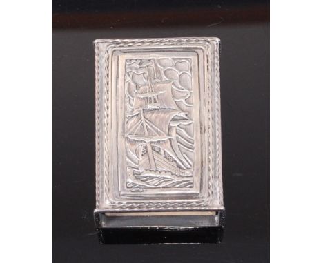 Omar Ramsden (1873-1939) - A 1930s silver matchbox cover, the top depicting relief cast galleon on choppy seas within a fine 