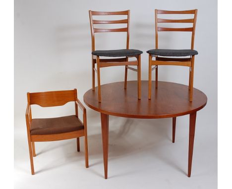 A 1960s Danish teak circular breakfast table, raised on tapering supports, h.70cm, dia. 120cm; together with a set of four 19