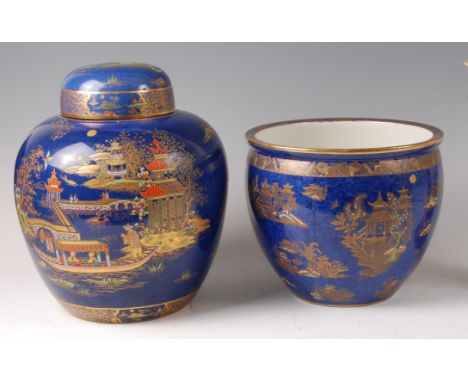 A 1930s Carltonware oversize ginger jar and cover, in the Royale Blue Mikado pattern, typically enamel decorated and heighten