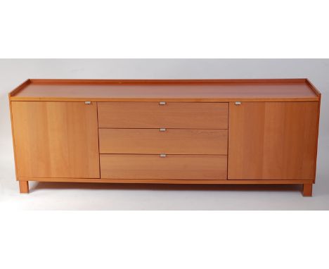 Calligaris - An Italian cherry wood long sideboard, circa 2000, having raised three quarter gallery over three central drawer
