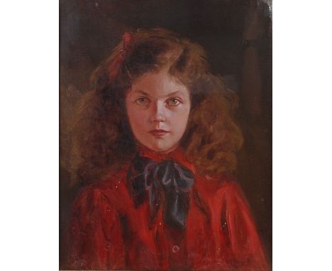 Early 20th century English school - Portrait study of a young girl wearing a red blouse with blue neckerchief, oil on canvas,