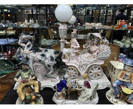 CONTINENTAL CERAMIC HORSE AND CARRIAGE GROUP LAMPtogether with four other large ceramic figures