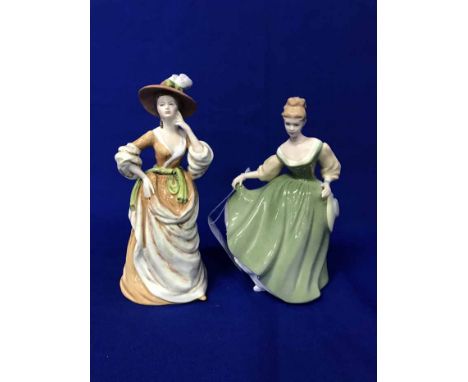 ROYAL DOULTON FIGURE OF 'FAIR LADY'together with two Coalport figures, another ceramic figure of 'Sarah', a ceramic decanter 