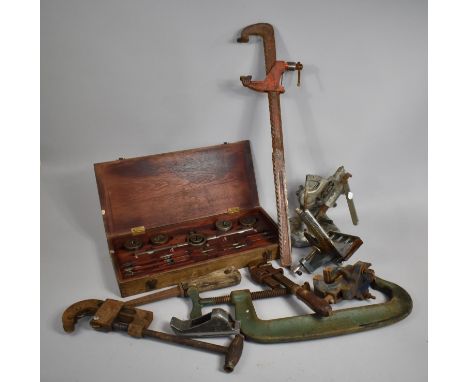 A Box of Vintage Tools to Include Work Bench Vices, Tap and Die Sets etc 