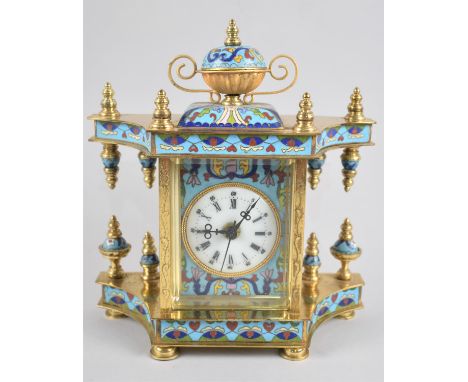 A Continental Brass and Enamel Mantel Clock of Ornate Form with Printed Portrait Panels Either Side, Vase Finial, White Ename