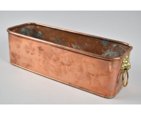 A Mid 20th Century Copper Planter of Rectangular Form, Brass Lion Mask Ring Handles, 39cms Wide 