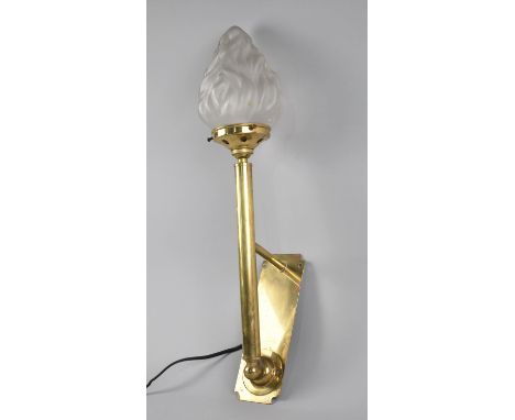 A Reproduction Brass Wall Hanging Light in the Form of a Torch with Opaque Glass Shade, 53cms High 