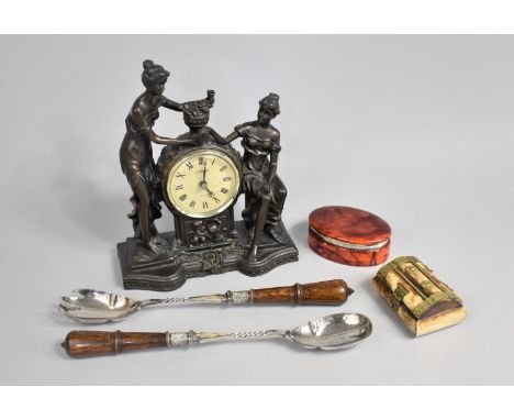 A Bronzed Resin Juliana Mantle Clock Together with a Pair of Wooden Handled and Silver Plated Salad Servers and Two Boxes 