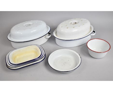 A Collection of Vintage White Enamel Kitchenwares 