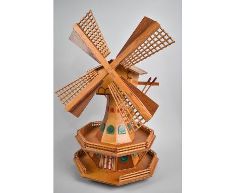A Vintage Wooden Childs Night Light in the Form of a Windmill, Having Clockwork Musical Movement, 40cms High 