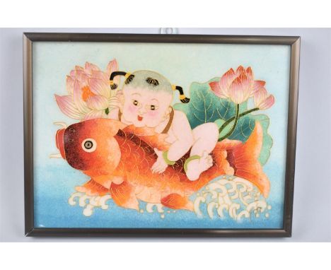 A Framed Modern Chinese Cloisonne Panel Depicting Baby Riding Carp, 25x19cms 