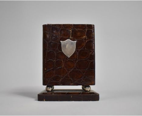 A Sterling Silver Mounted Crocodile Skin Playing Card Box for Two Packs, Probably American, 10cms Wide and 13cms High 