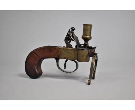 A Reproduction Flintlock Tinder Box Pistol Lighter with Candle Holder, 14cms Long 